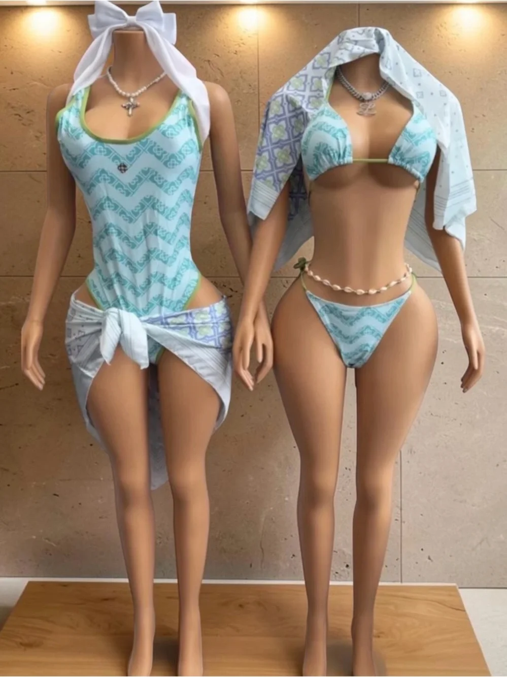 Casablanca  Aqua Patterned bikini set with matching sarong